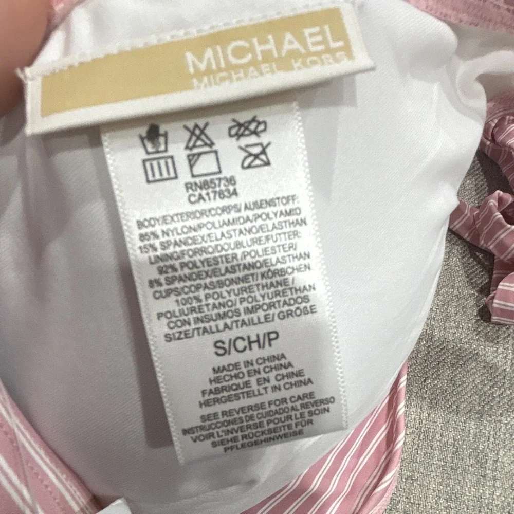Michael Kors Pink/White Striped Halter Triangle Ring Bikini Top Lined Tie Sz S